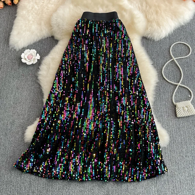 2023 Korean Version High Waist Thin Medium And Long Knee A-line Skirt Fashion Elastic Waist Sequin Large Swing Skirt
