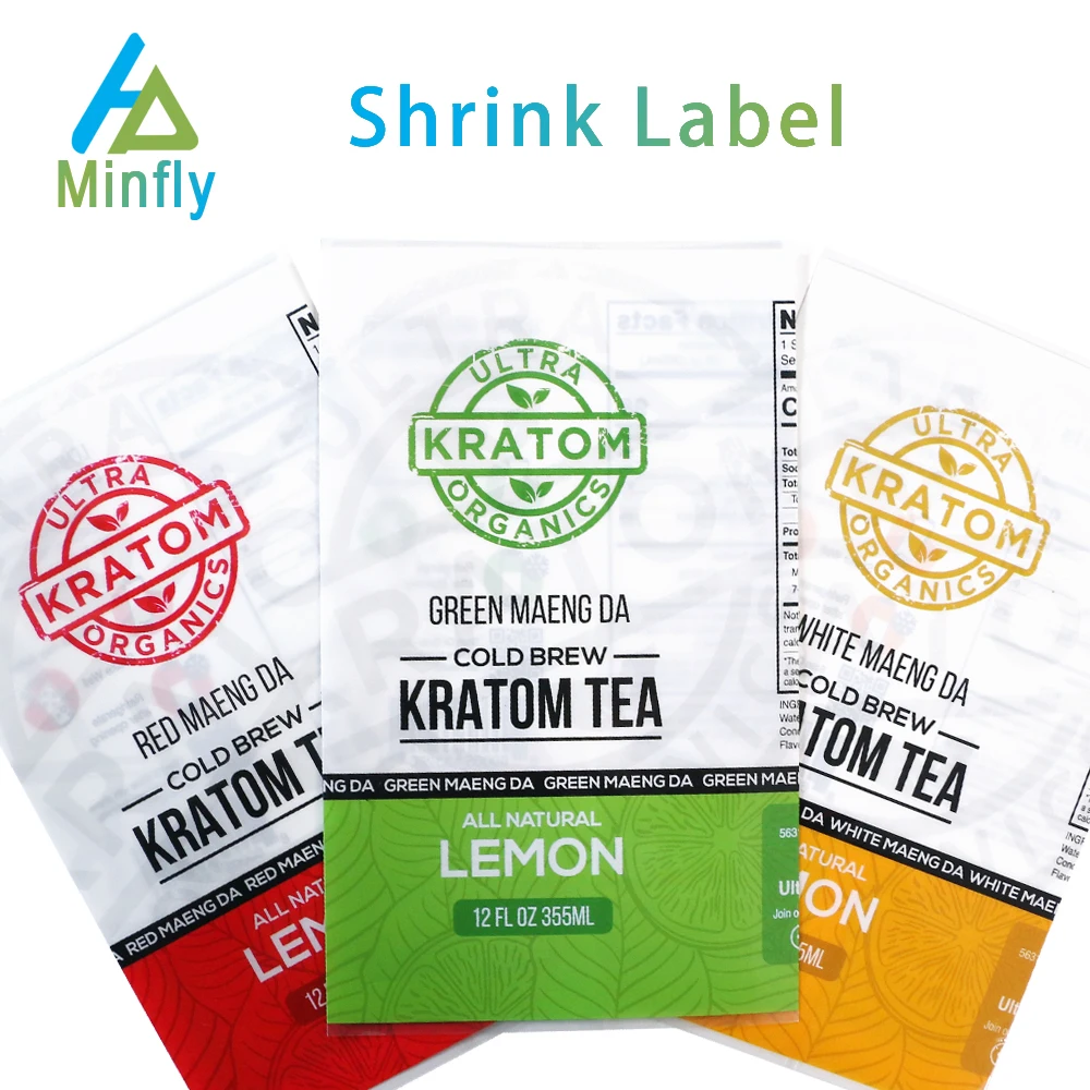 Minfly Digital Printing Custom PET PVC Heat Shrink Sleeve Label for 8oz 12oz 16oz 330ml 500 ml Bottle Cans Beverage Packaging