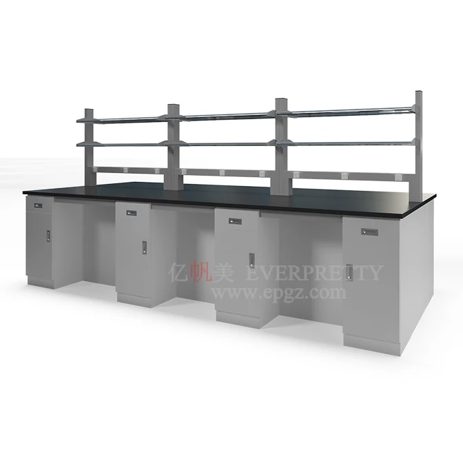 School Furniture Galvanized Steel Sheet Full Steel Island Electronics Lab Bench with High Temper Glass Shelf of Laboratory Bench