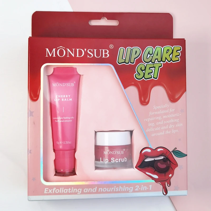 Custom Organic Fruit Cherry Vegan Exfoliating Pink Lip Scrub And Balm Set Moisturizing Lip Balm Mask Lip Care Kit