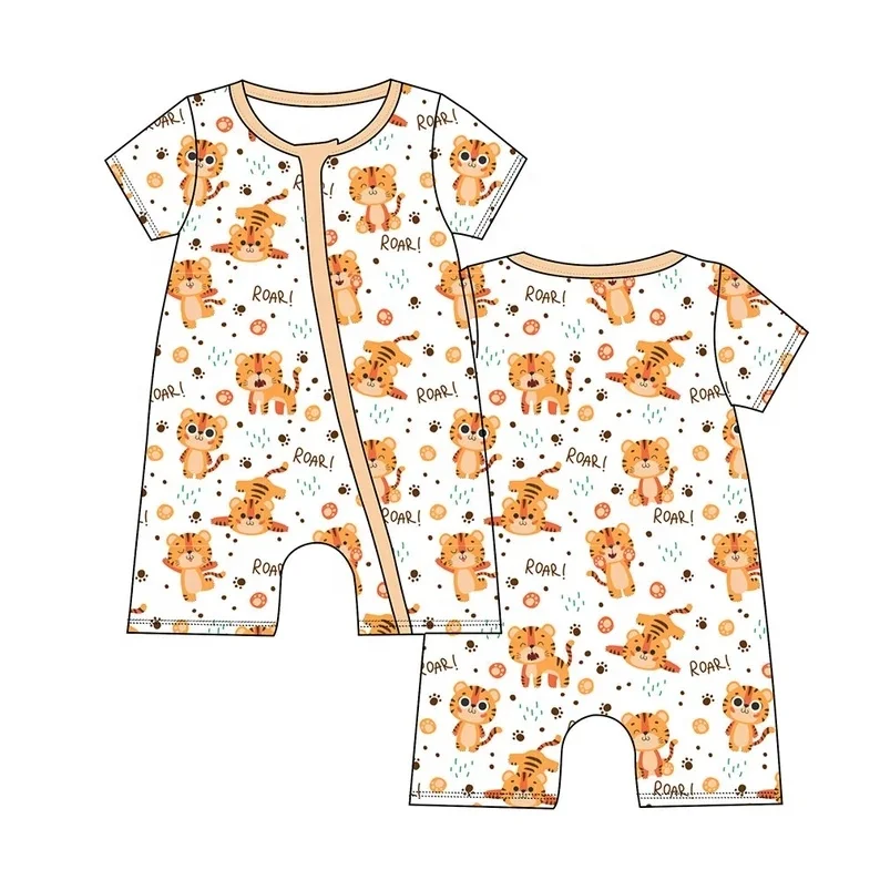 Comfortable baby jumpsuit children bamboo fiber tiger print zipper game suit breathable romper for newborns
