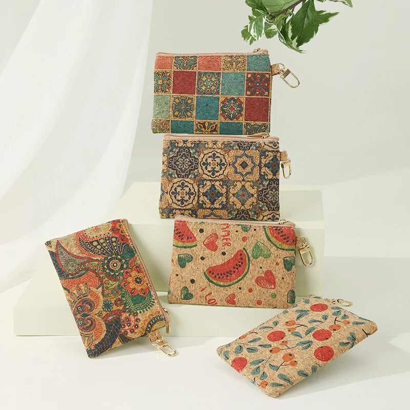 High quality Eco Friendly Women Cork Custom Cute Coin Purse Portable Keychain Zipper Bag Credit Card Holder Wallet Vegan Gift