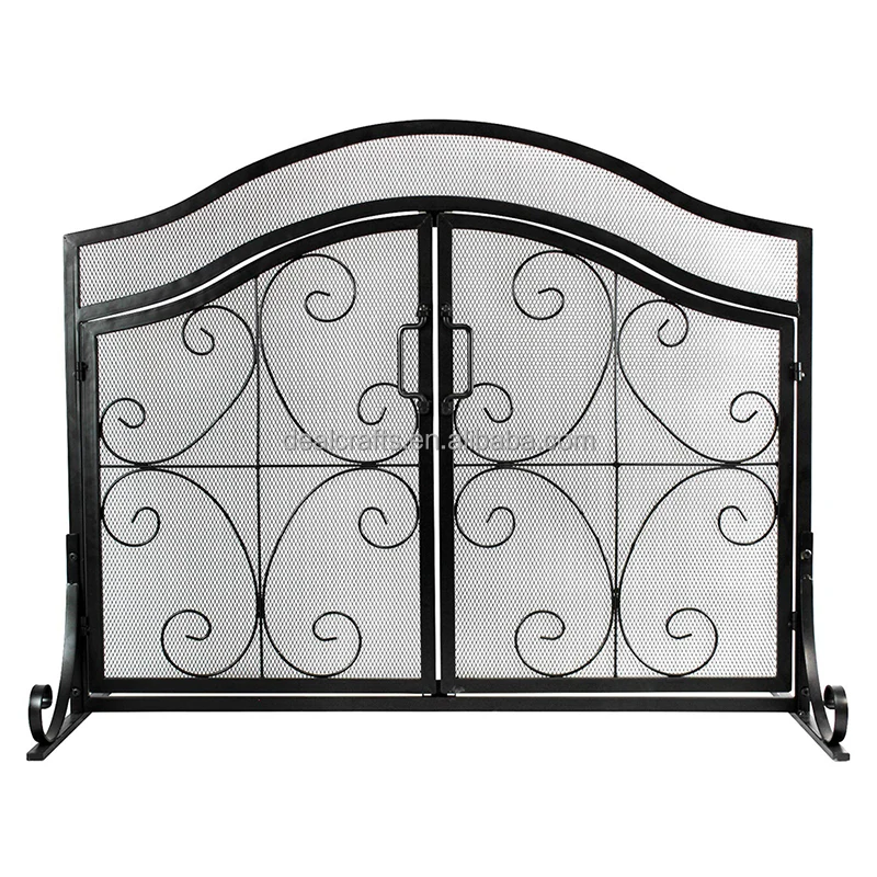 Wrought Iron Fireplace Screen with 2 Doors, Spark Guard and Wood Burning Hearth Accessories