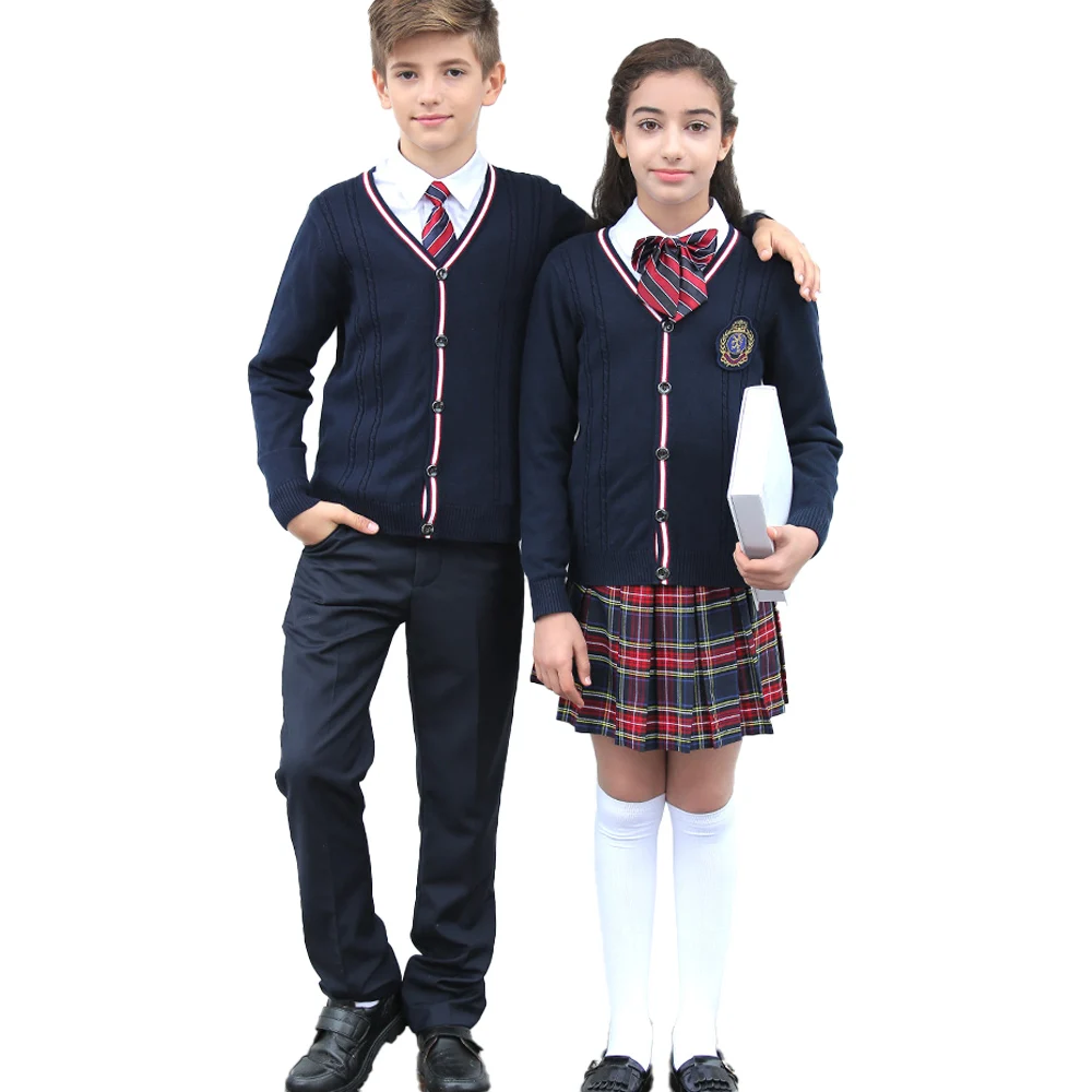 Custom school uniform long sleeve v-neck cardigan kids sweater for children