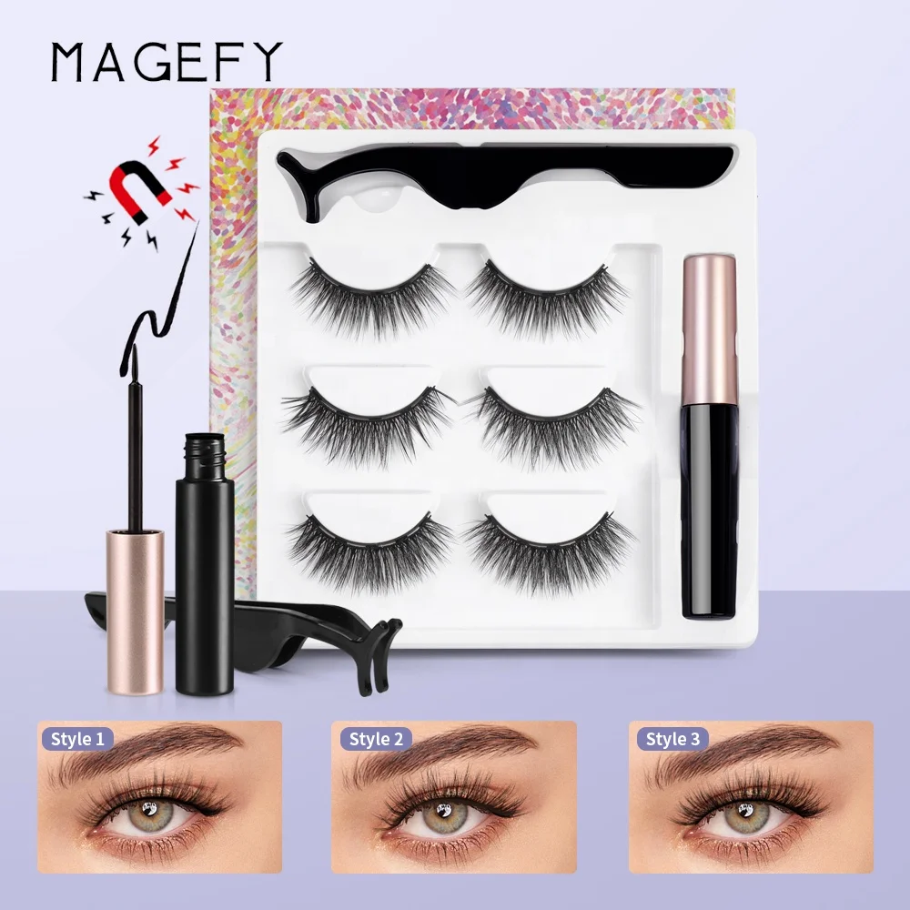 MAGEFY magnetic eyelashes wholesale newest 3 pairs pack 3d magnetic eyelashes and eyeliner set