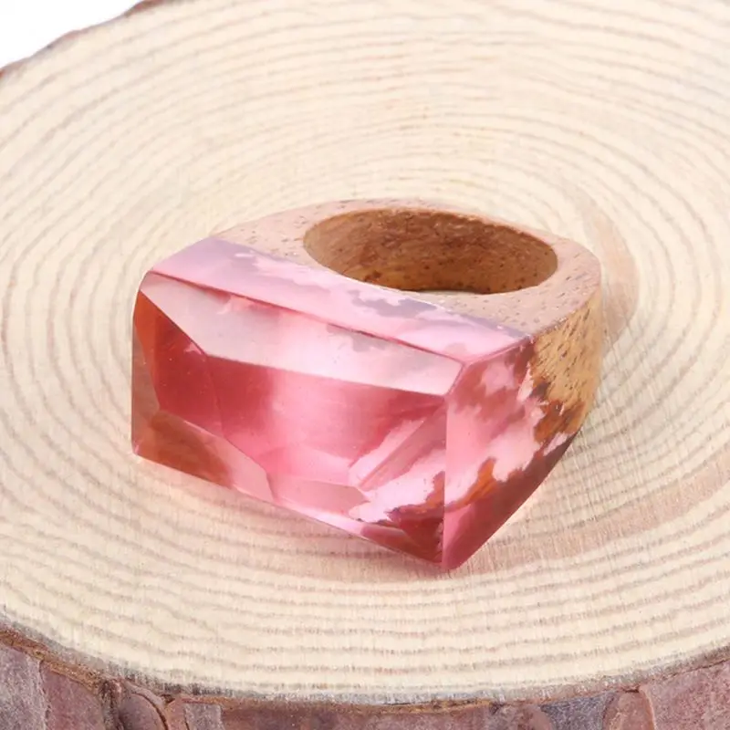 2023 Unique Pink Resin Wood Rings Movies Magical Mystery Scenery Inside Handmade Forest Wooden Tree Ring