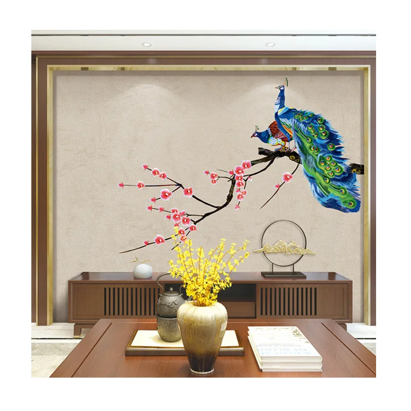 Chinese bedroom peacock embroidery  wall cloth living room magpie wallpaper Chinese classical style wall fabric