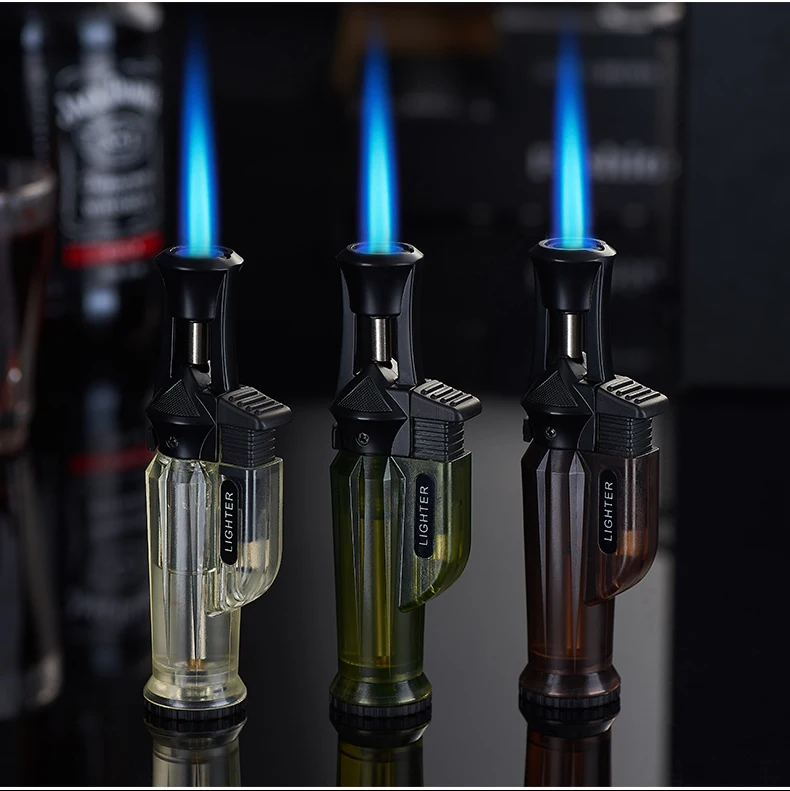 Ready to ship wholesale jet flame torch lighters with lock transparent tank custom logo wind proof cigar lighter