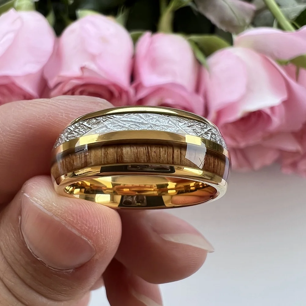 Coolstyle Jewelry 8mm Wholesale Koa Wood Meteorite Inlay Rose Gold Tungsten Ring for Men Women Fashion Engagement Wedding Band