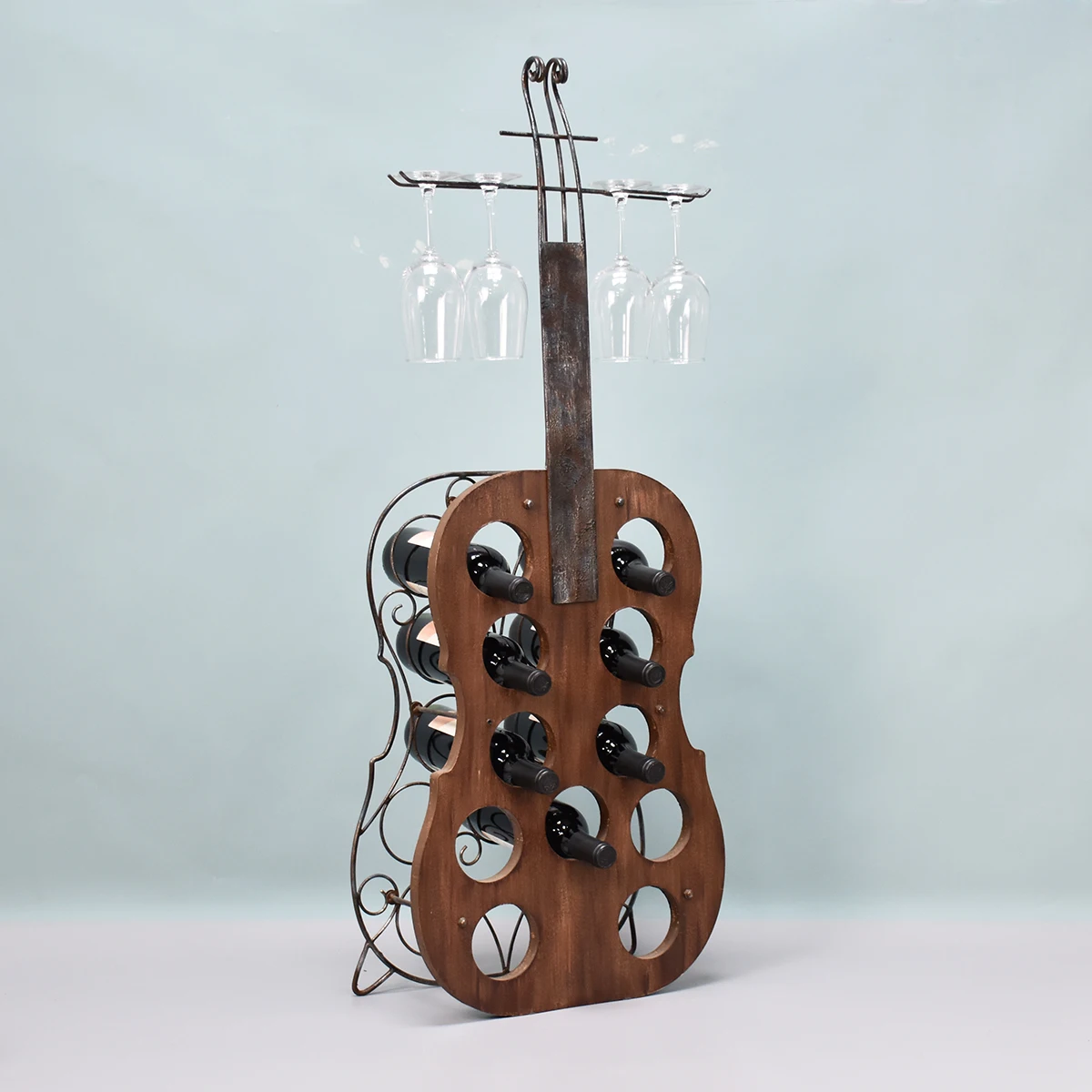 Cello Shape 11 Bottles Decorative Metal Wine Glass Rack Wooden Wine Bottle Holder Wine Display Rack