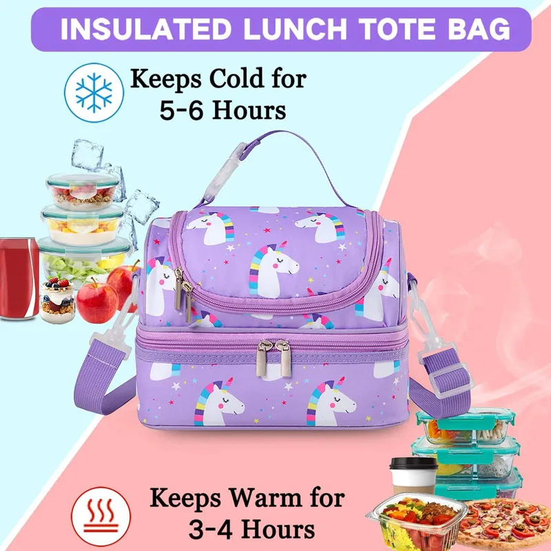 Сумка-тоут для еды для мальчиков и девочек, изолированные мини-кулеры с двумя отделениями, школьный Ланч-бокс с единорогом
