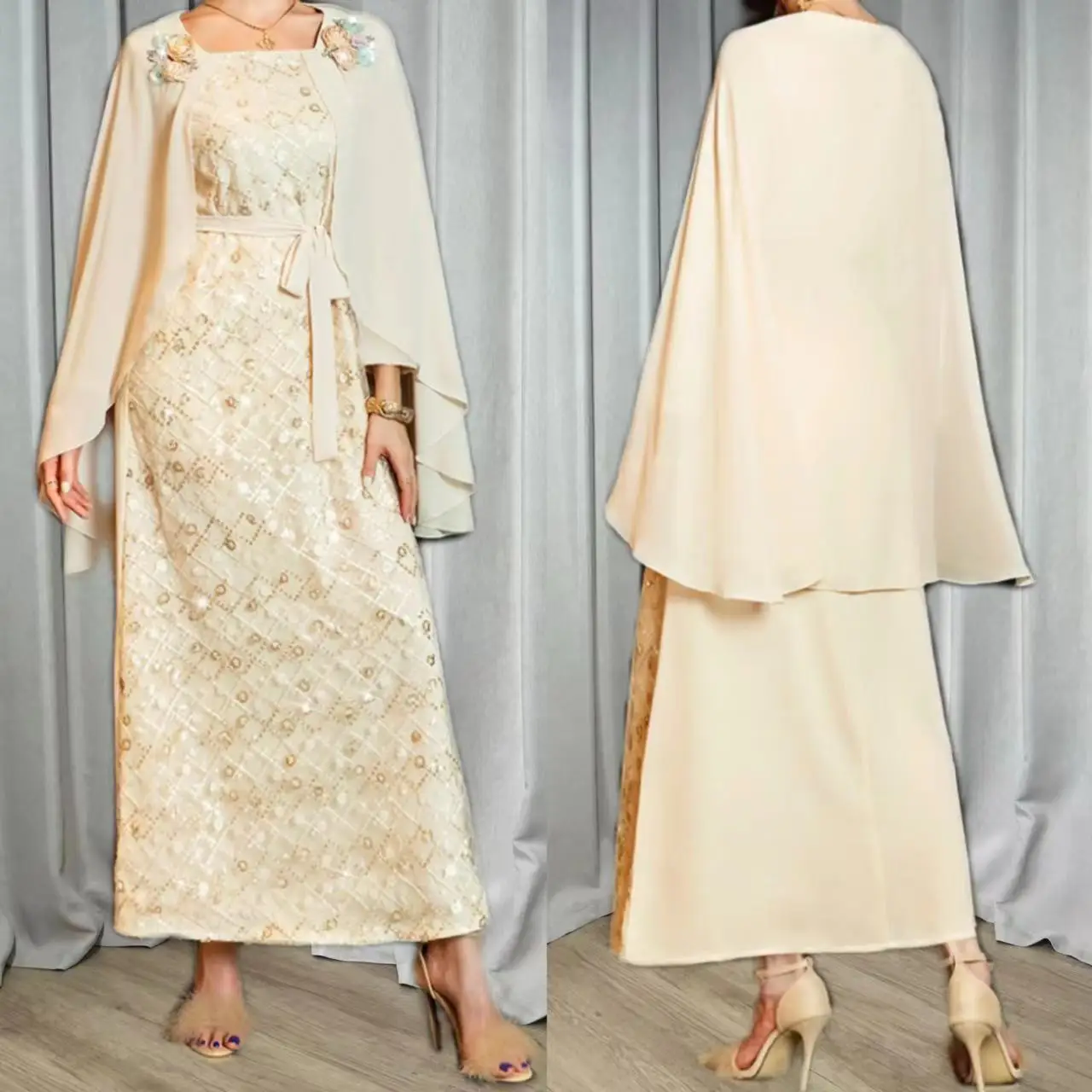 Factory 3D Floral Embroidered Chiffon Shawl Long sleeves Abaya Dubai Turkey Muslim Islamic Evening Dresses Ethnic Clothing