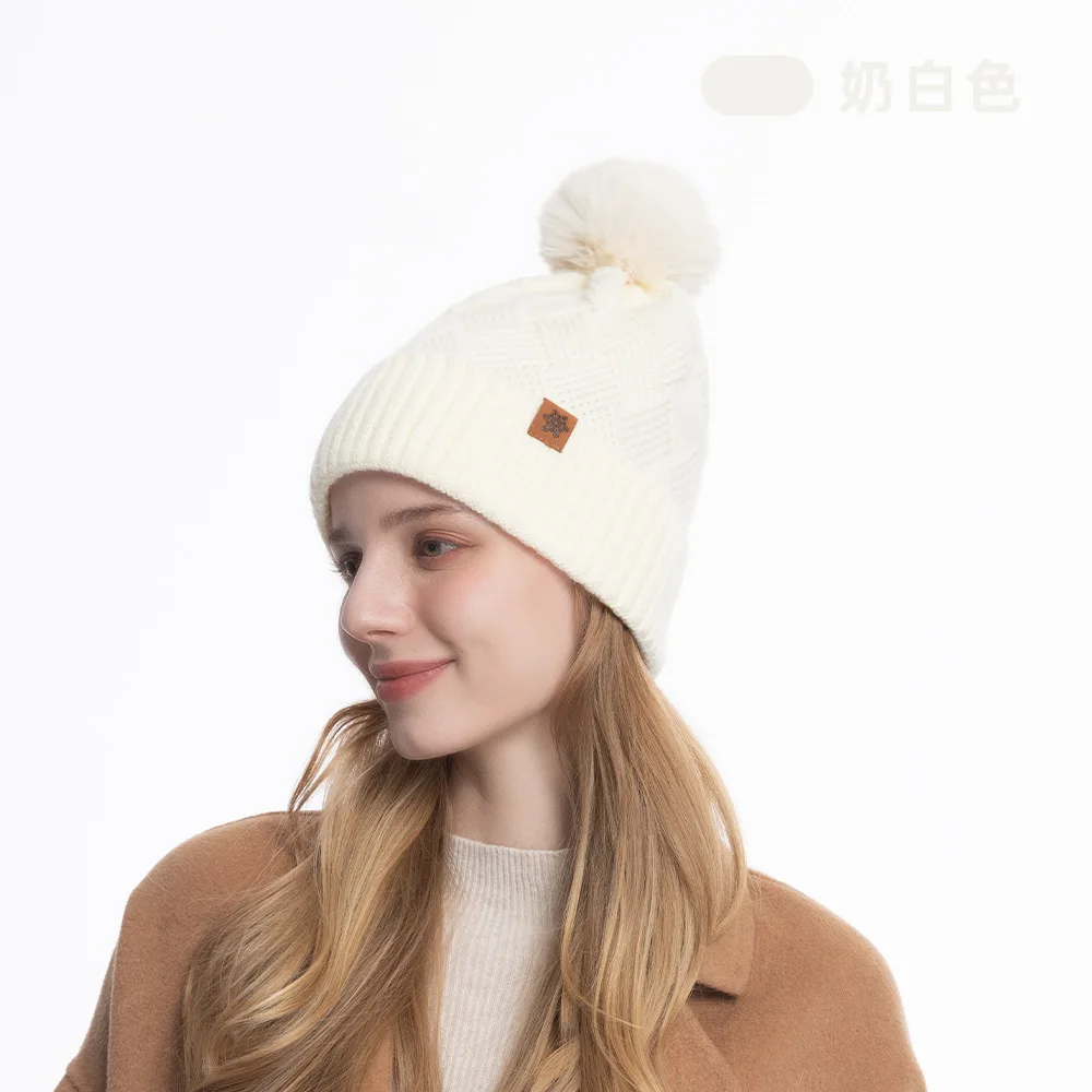 Ladies Jacquard Weave Winter Beanie Custom Logo Women Faux Fur Pom-Pom Knitted Cuffed Cap Solid Color Warm Heat Pro hat