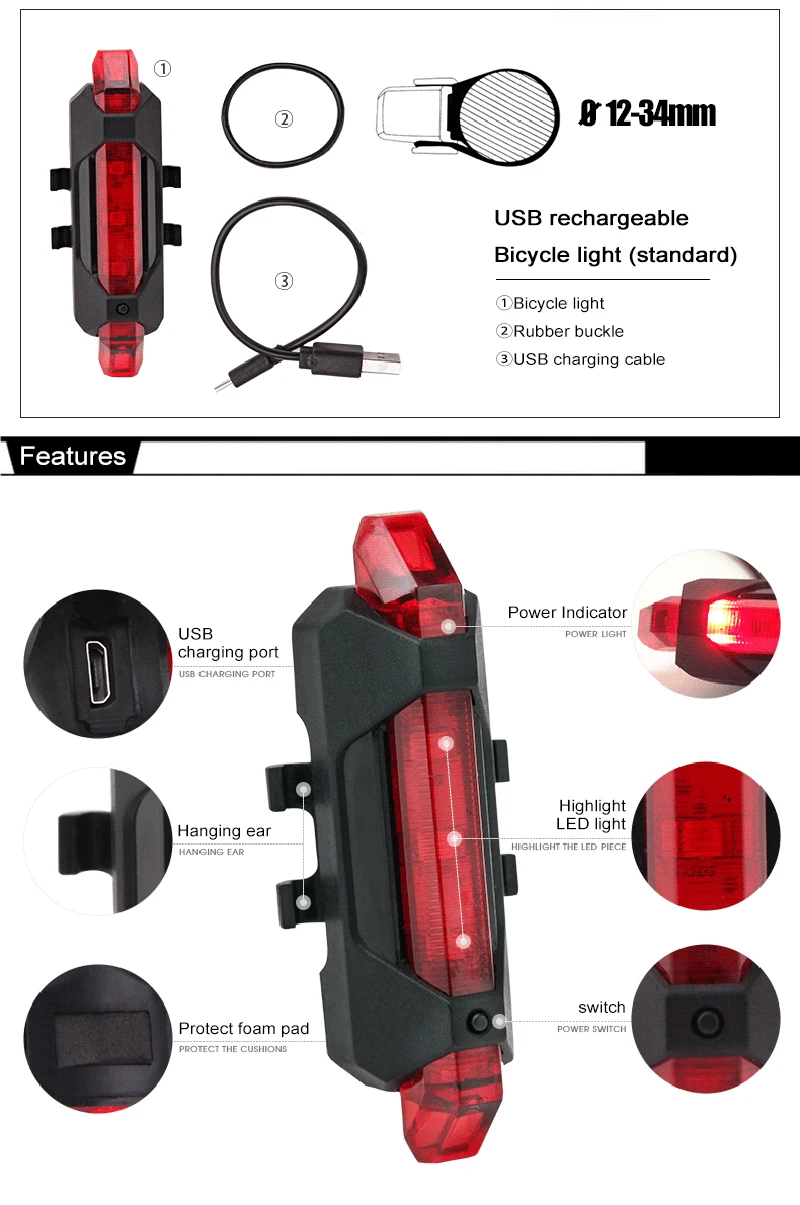 Перезаряжаемая мини-USB Вспышка светодиодная велосипедная Рама Водонепроницаемая головка и задняя фара
