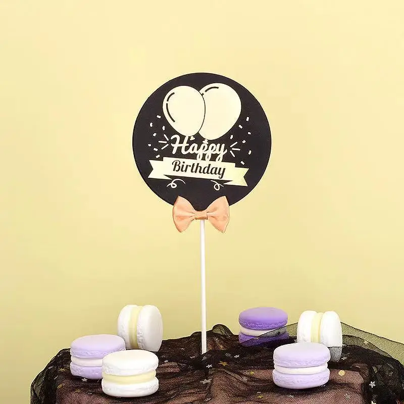 Black card bronzing Printing  with bow tie cake Topper   Happy birthday cake Decoration Make a Cake Topper