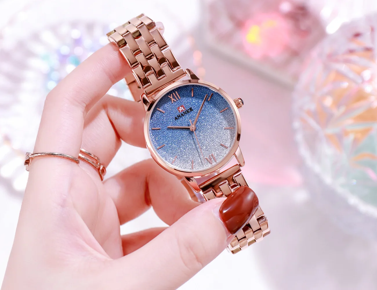 ANANKE Ladies Quartz Watch Fashion Luxury Colorful Gradient Color Starry Dial Stainless Steel Mesh Band Women Watches