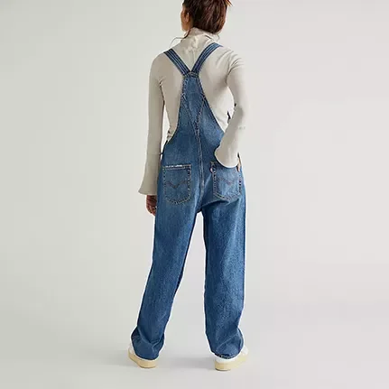 Women vintage relaxed fit wide leg classic blue Jeans fashion denim bib straight loose pants