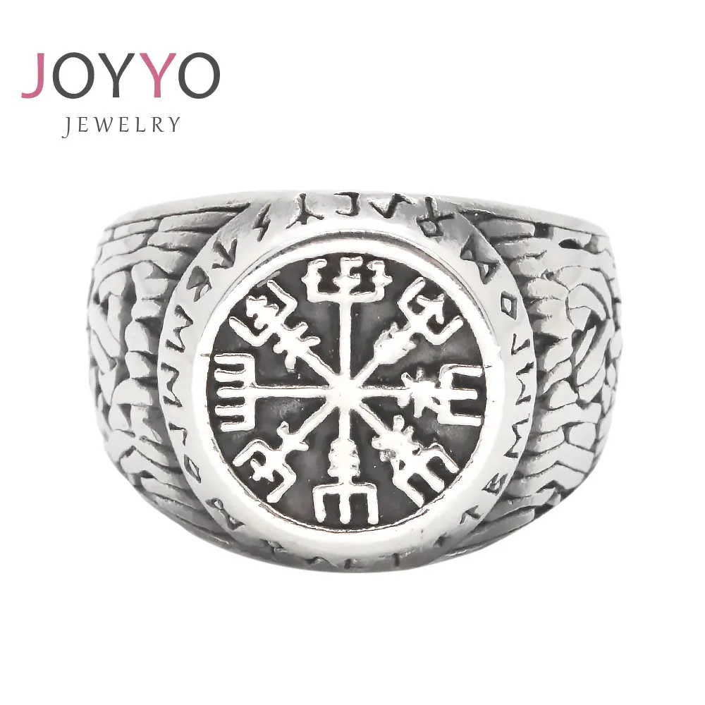 Vintage Nordic Mythology Viking Rune Stainless Steel Rings Norse Viking Design Vegivisir Mens Signet Rings
