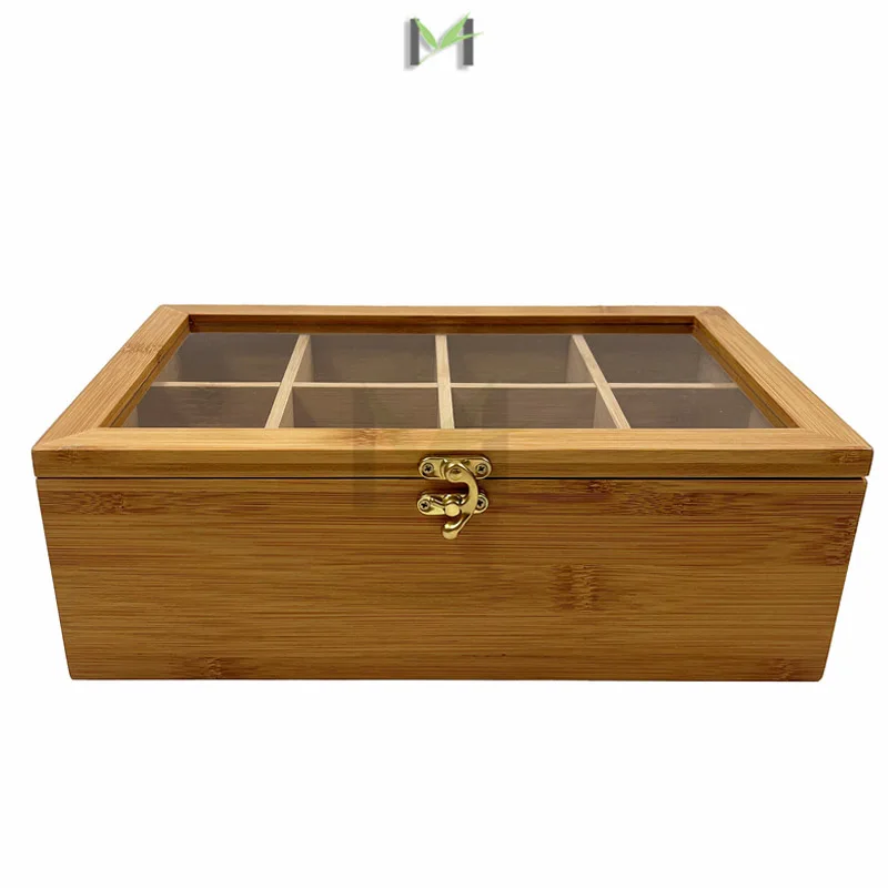 Adjustable 8 Compartments Bamboo Tea Box with Lock, Natural Bamboo Tea Box Storage Organizer for Organizing and Displaying Teas
