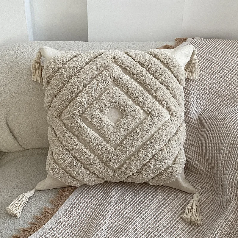 Wholesale Custom Printing Morocco Jacquard Cushion Covers Luxury Nude Color Tassel Fringe for Home Sofa Decorative Cushion Cover