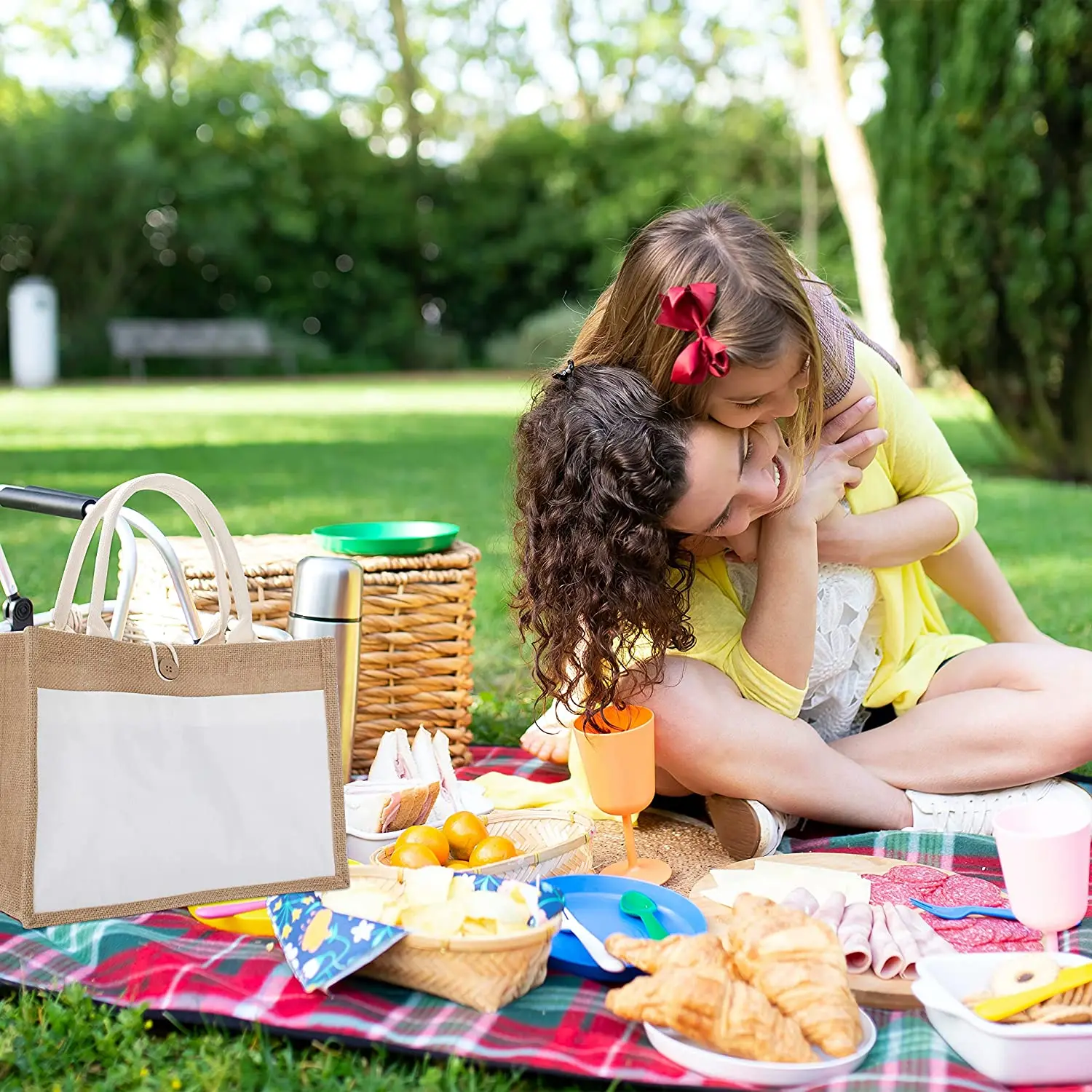 Оптовая продажа однотонная Льняная сумка для покупок большая пляжная летняя льняная из джута с передним холщовым карманом