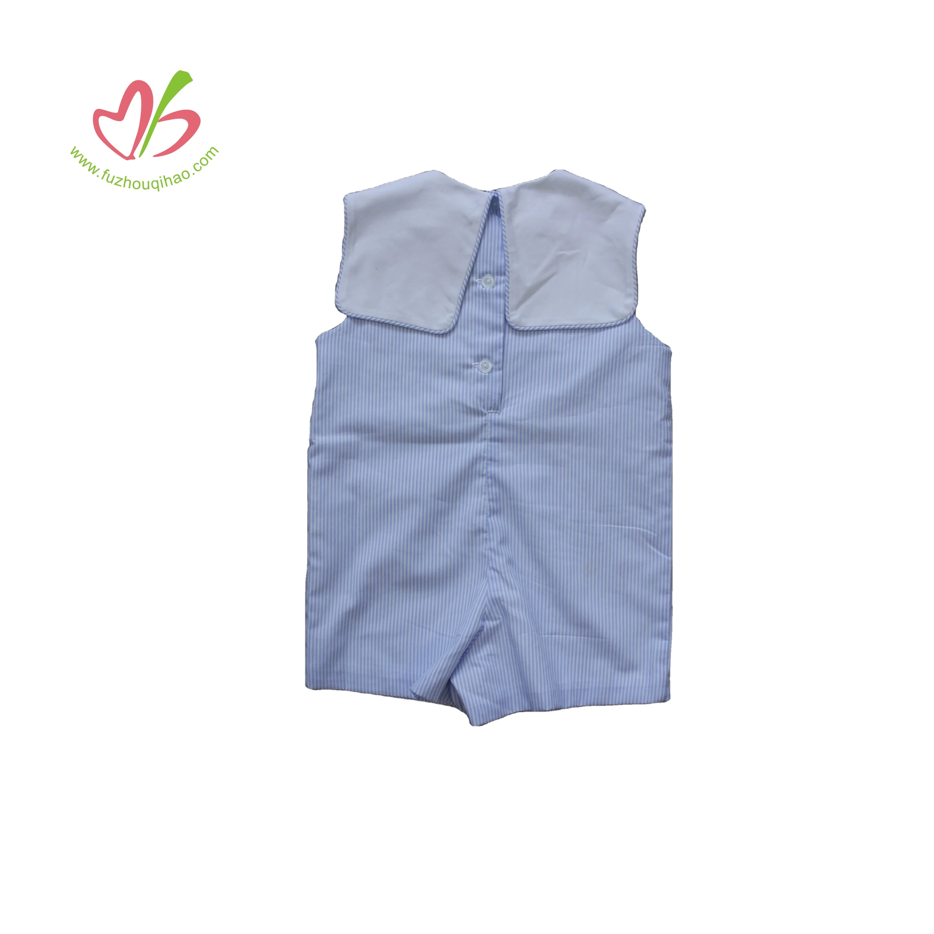 2024Hot Selling Kids Fashion Clothes Blue Gingham Romper Lined Baby Boy Jumpsuit With Bib Collar