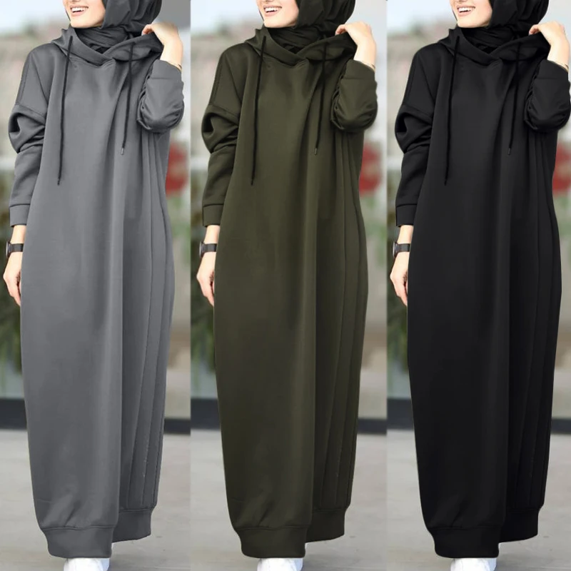 Muslim Dress Women Sweatshirt Dress Stylish Hoodies Long Sleeve Maxi Dress Female Casual Solid Hooded Vestidos Robe