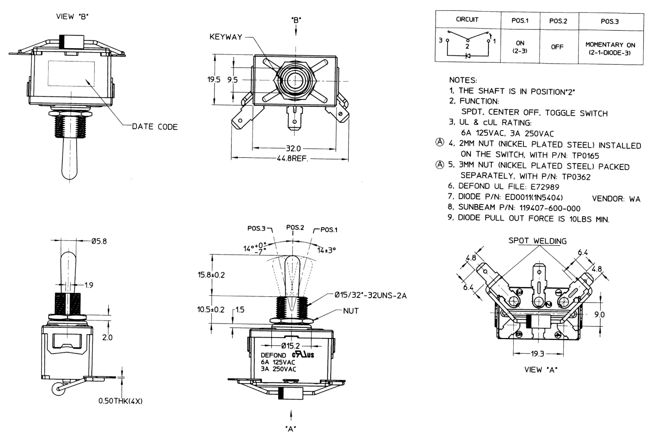 Defond toggle switches 6a 125vac 3a 250vac DTW-1206-YR-04R SPDT ON OFF toggle switch 3 PIN