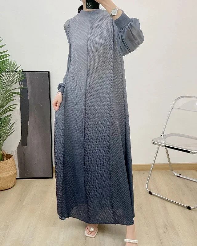 Sheen Fancy Plus Size Miyaki Summer Dresses Women Casual Free Size Gradient Loose Pleated Long Dress For Women
