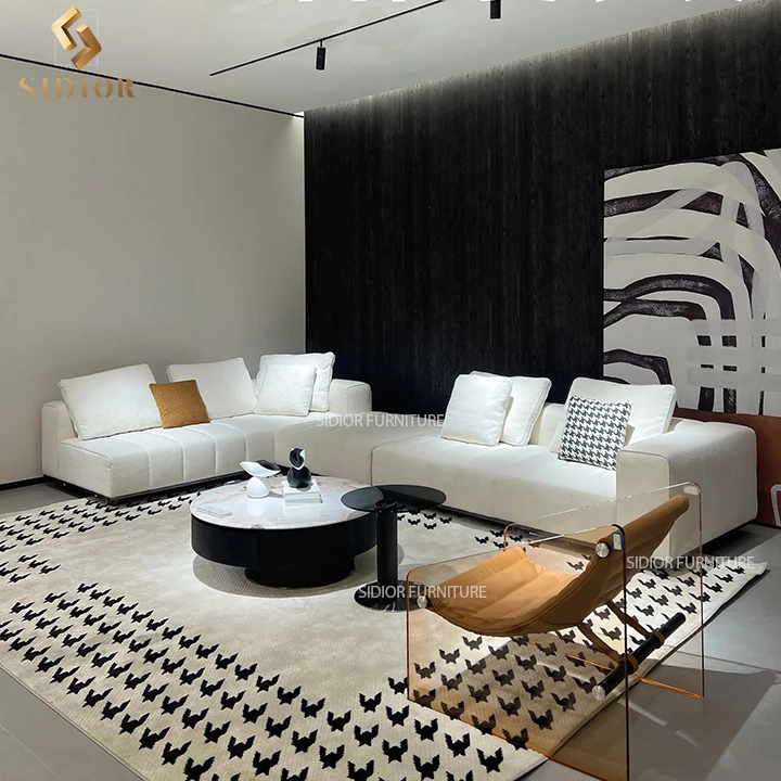 Minimalist Modern Grey Real Leather Sectional Linen Fabric Villa 8 Seater Couch Sofa Set L Shaped Corner Sofa Couch