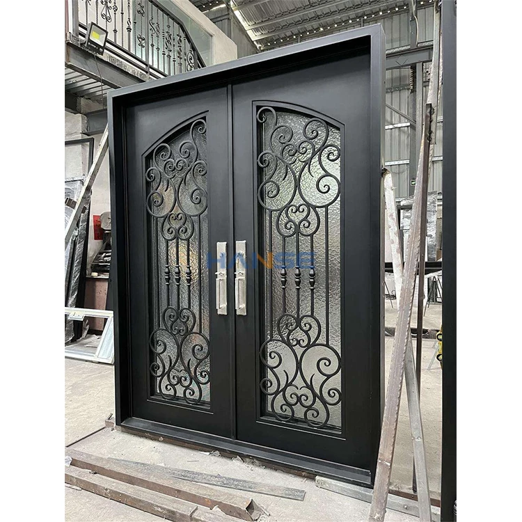 Factory Prices High Quality Modern Villa House Wrought Iron Grill Front Entry Door Designs with Operable Window