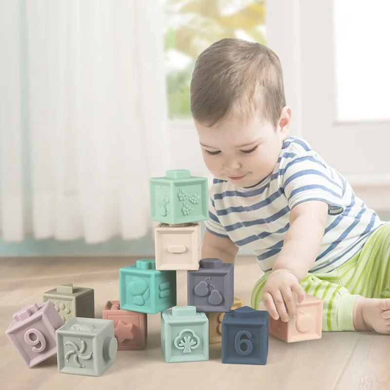 Soft Educational Montessori Toys baby Stacking Rubber silicone Blocks Soft Building Block Set Toy For Baby