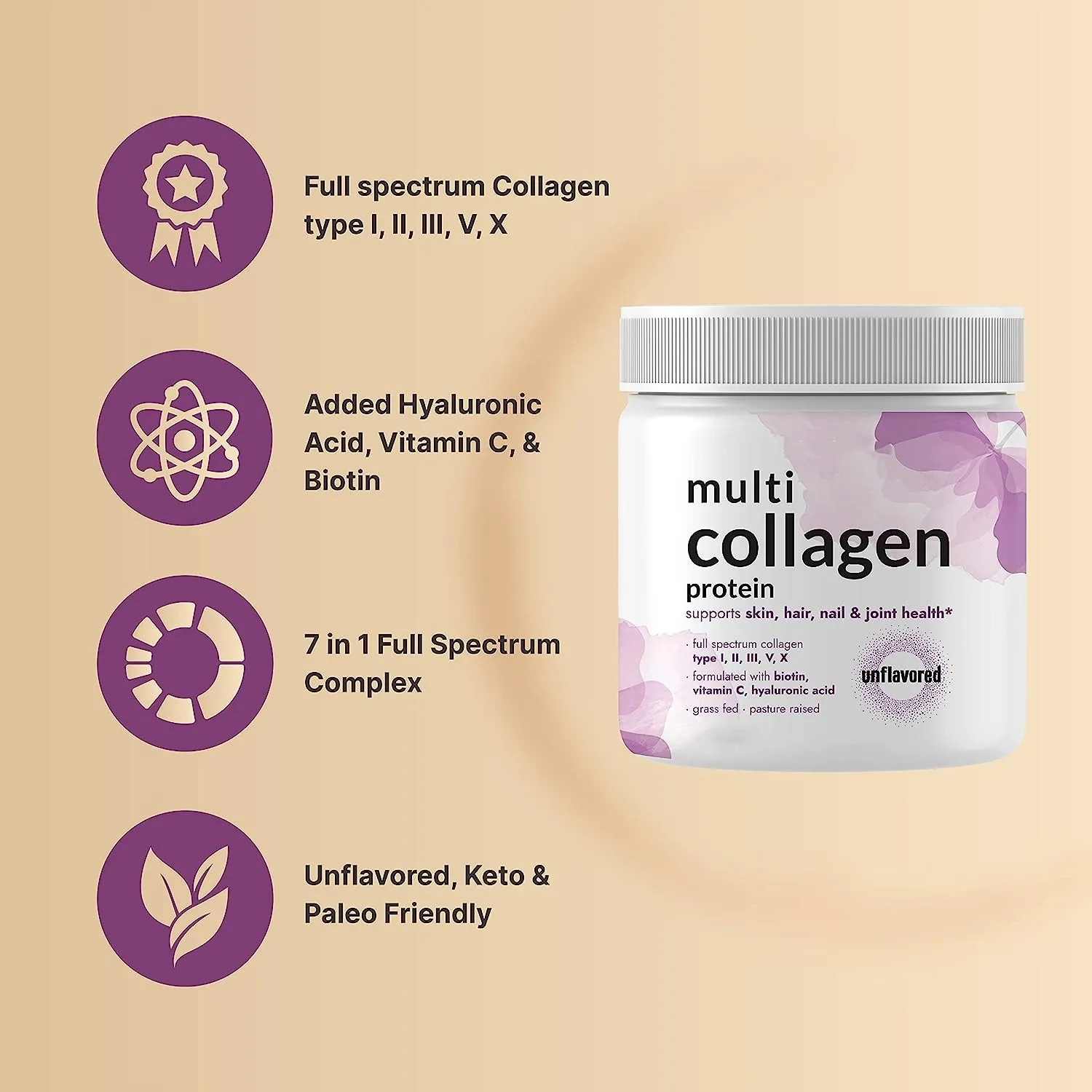 Multi Collagen Protein Powder 600g - 5 Types (I, II, III, V, X) Grass-Fed & Pasture-Raised | with Biotin 5000mcg