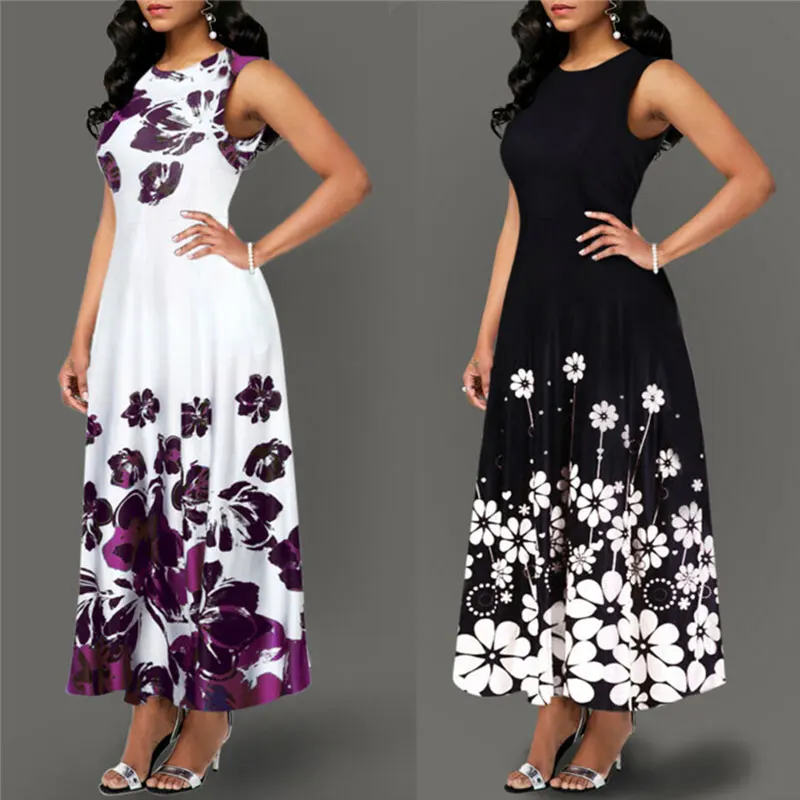2022 Hot Fit Summer Spring Long Maxi Dress Floral Print Sleeveless High Waistline Sundress With Customizable Size