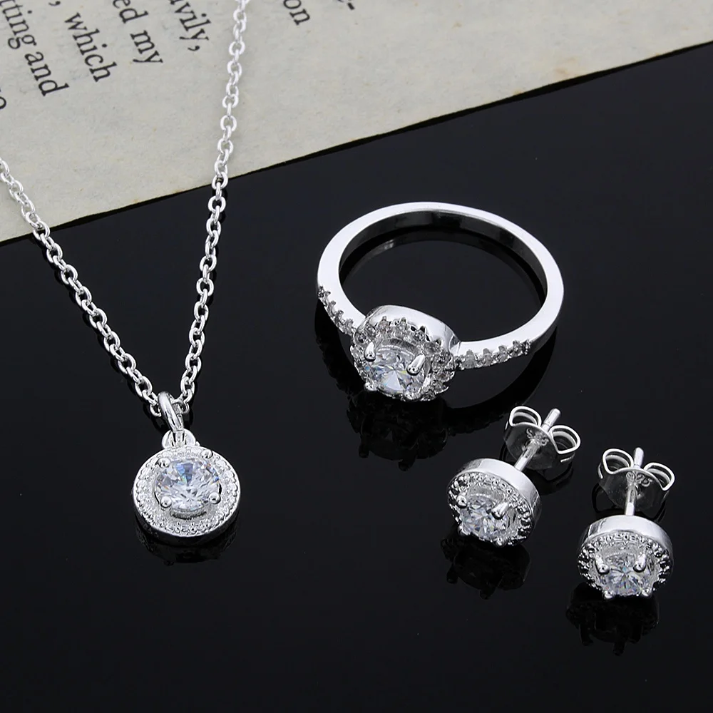 2023 Shiny Zircon Crystal Silver Necklace Ring Earrings Set Wedding Engagement Diamond Jewelry Set for Women