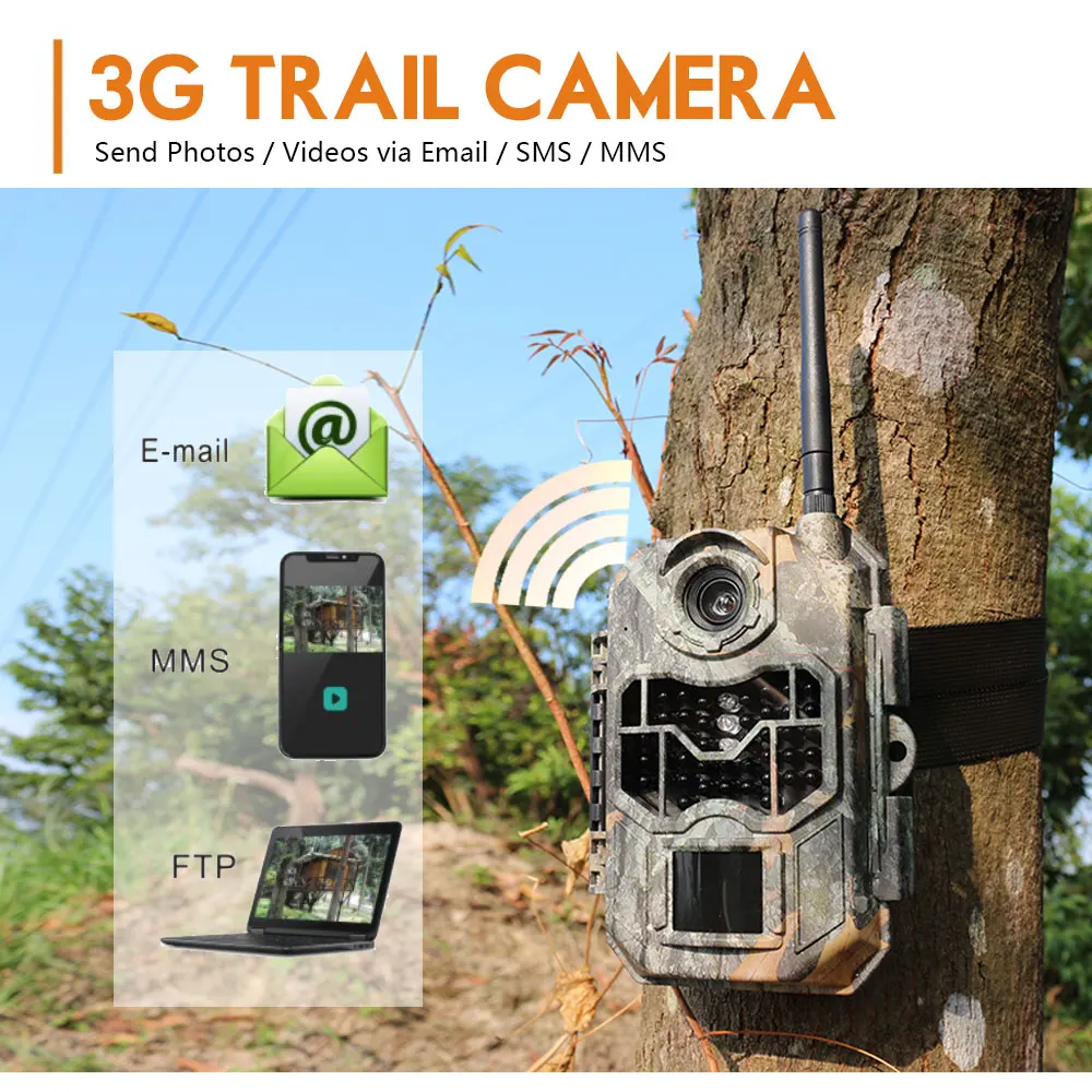 
Full HD 20MP 1080P Supports Solar Panel Powered 3G SIM Card IP66 Water Resistance 3G Trail Hunting Scouting Camera 