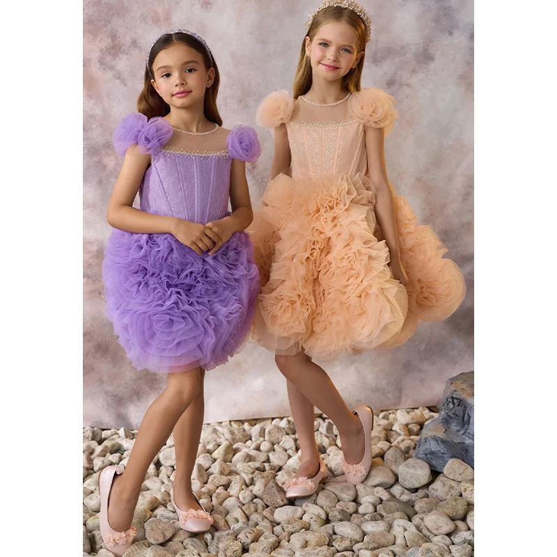 Rose Sleeves Children Party Formal Dress For Wedding Birthday Kids Evening Ceremonies Dresses For Girls Tutu Flower Girls Dress