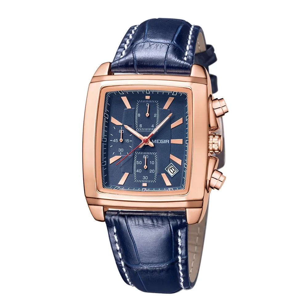 MEGIR 2028 Fashion Rectangle Luxury  Chronograph Rose gold Square Quartz Watches for Men