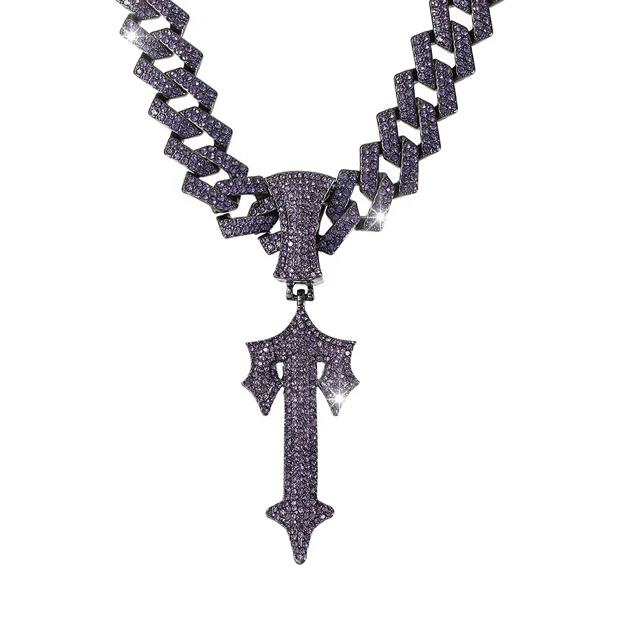 Iced Out 15mm Width Black Cuban Chain Hip Hop Alloy And Purple Rhinestone Sword Pendant Necklace