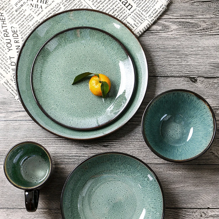 High quacity nordic style stoneware kiln glaze change malachi green creative western dish steak plate coffee mug for home fruit