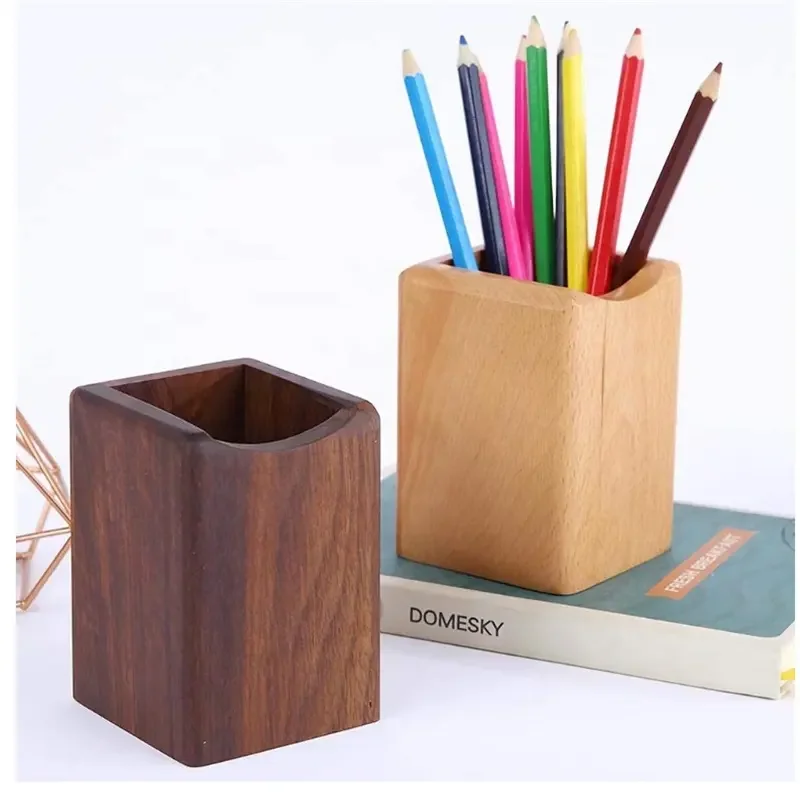 WOQI Wholesale Creative multifunctional log pen bucket Office Supplies desktop wooden pen holder wooden marker pen container