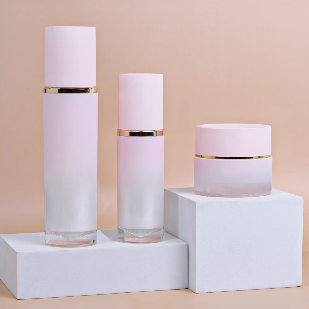 Custom Unique Pink Frosted Skincare Packaging Lotion and Spray Bottle Plastic Face Cream Jar and Bottle for Skincare Set