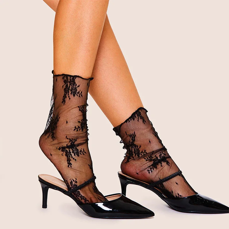 Women Dress Fancy Lace Sexy Fashion Sheer Transparent Glass Sock Crystal Lace Nylon Socks