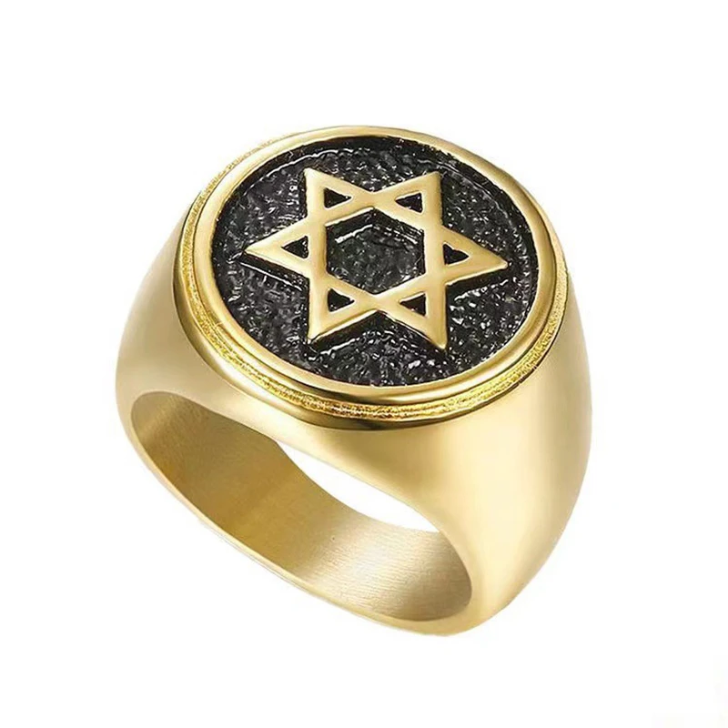 Wholesale New Israeli Jewish Wedding Ring Titanium Steel Gold Plated Six Pointed Star Of David Men Ring Jewelry (SR022)