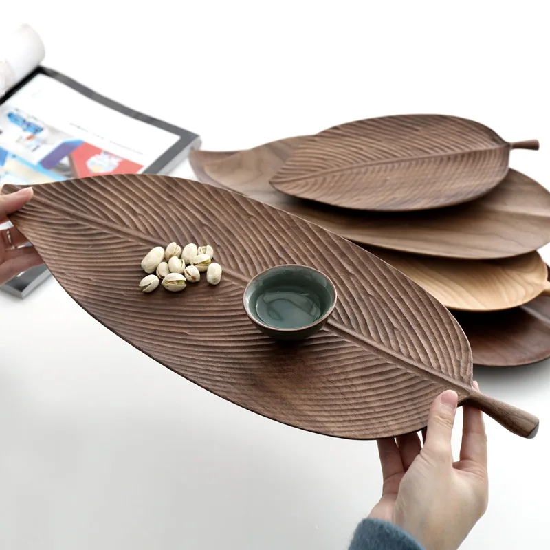 Modern creative wooden craft service tray leaf shaped tray fruit dried fruit snack tray