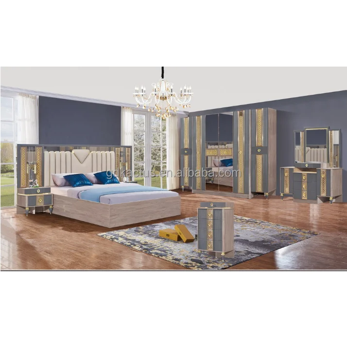 melamine MDF modern bedroom furniture set model Arabic style elegant king size couple bedroom sets 5pcs