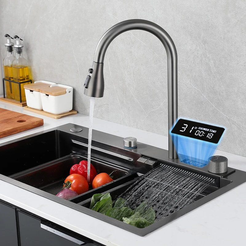 Complete Whole Set Smart Waterfall Kitchen Sink Stainless Steel Sinks Big Single Bowl with Dish Rack Under Mount Sinks