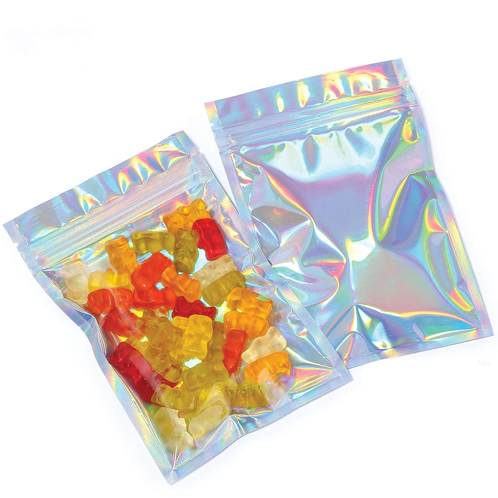 Aluminum Foil Zip Lock Packaging Bags Flat Pouches Party Favor Holographic Resealable Gift Bags For Small Business