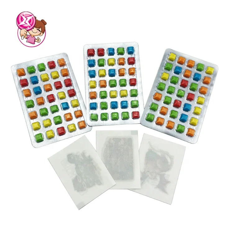 Mini pieces packed with square fruit flavors rainbow of multi-colored bubble gum gum and tattoo stickers