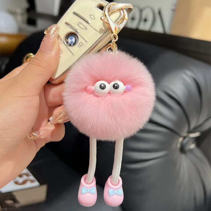 Plush Long Leg Small Coal Ball Keychain Cute Black Grey Pink rabbit Fur Pendant Creative Bag Car Metal Keyring Girl Lover Gift